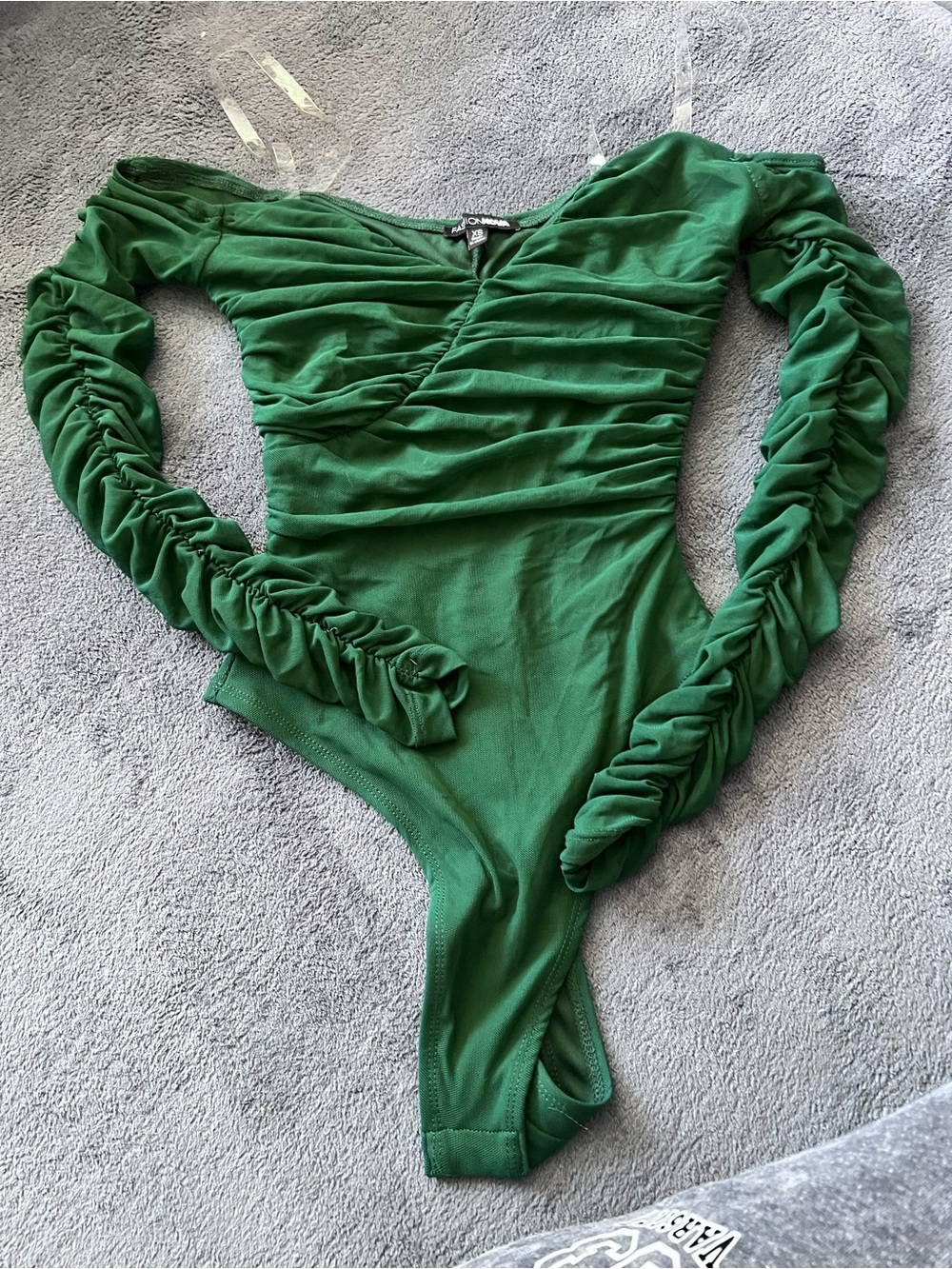 Fashion Nova mesh Bodysuit Emerald Green Ruched Long-Sleeve XS